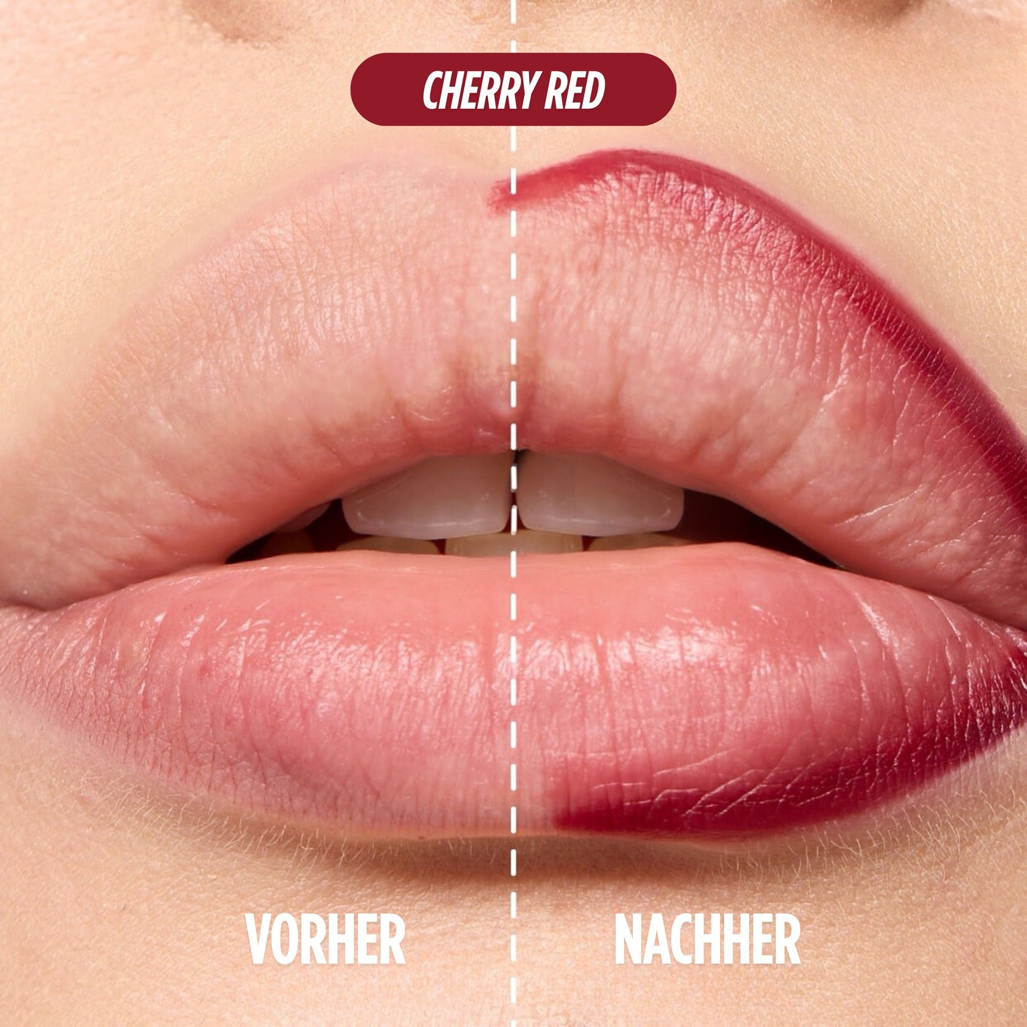 Vorher-Nachher Vergleich: Lippen ohne und mit COCOSKN Lip Contour Stain in Cherry Red
