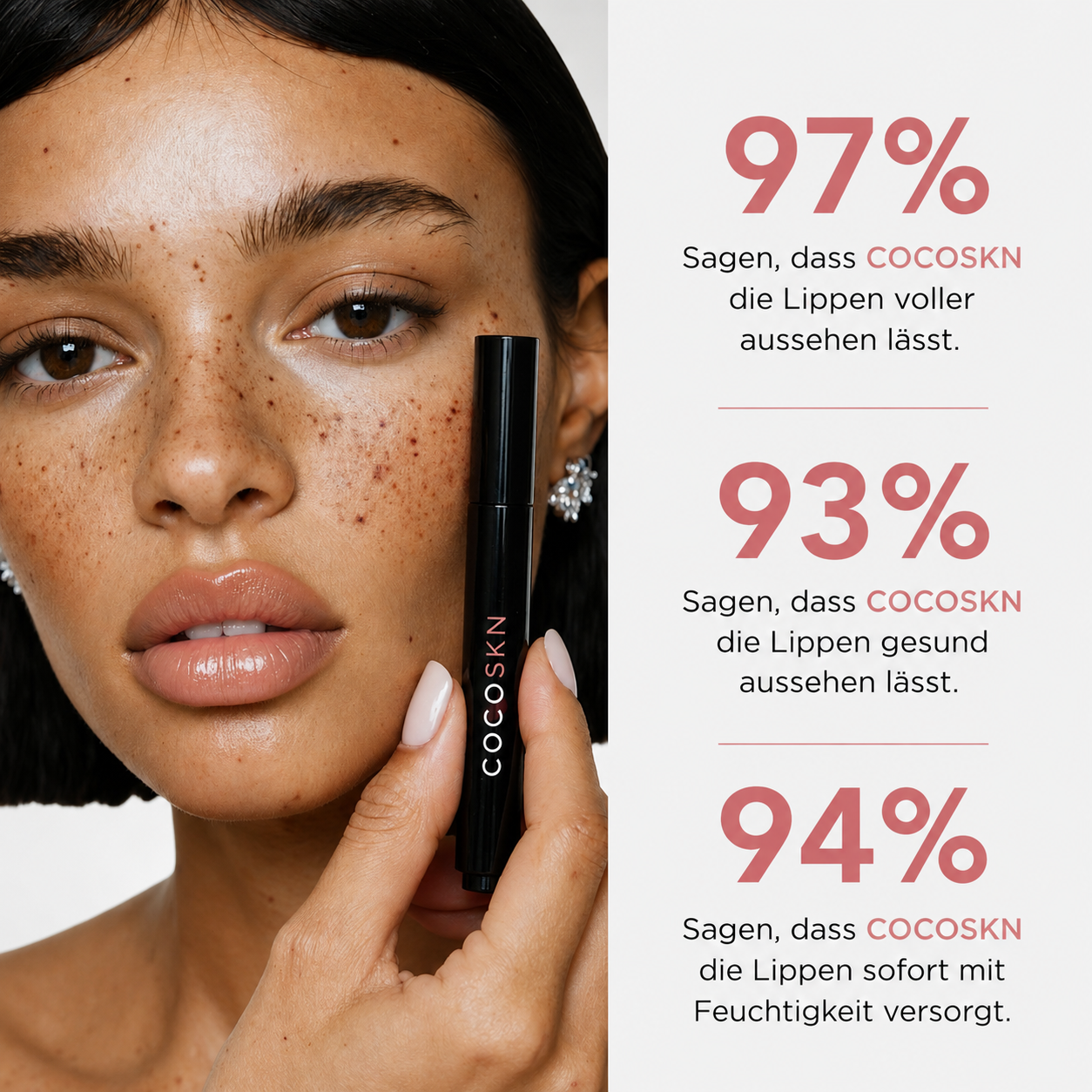 COCOSKN Lip Plumper Umfrageergebnisse: 97% sehen vollere Lippen, 93% gesuender aussehende Lippen, 94% sofortige Feuchtigkeit