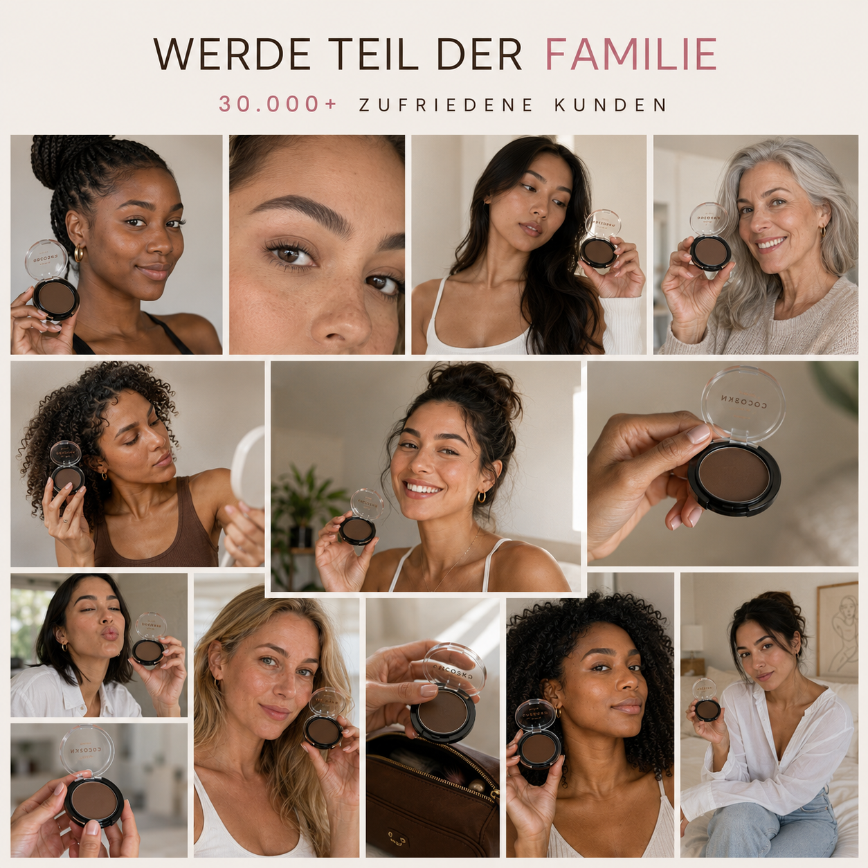 Kundinnen-Collage: zufriedene COCOSKN STAMPR Kundinnen mit dem Augenbrauenstempel