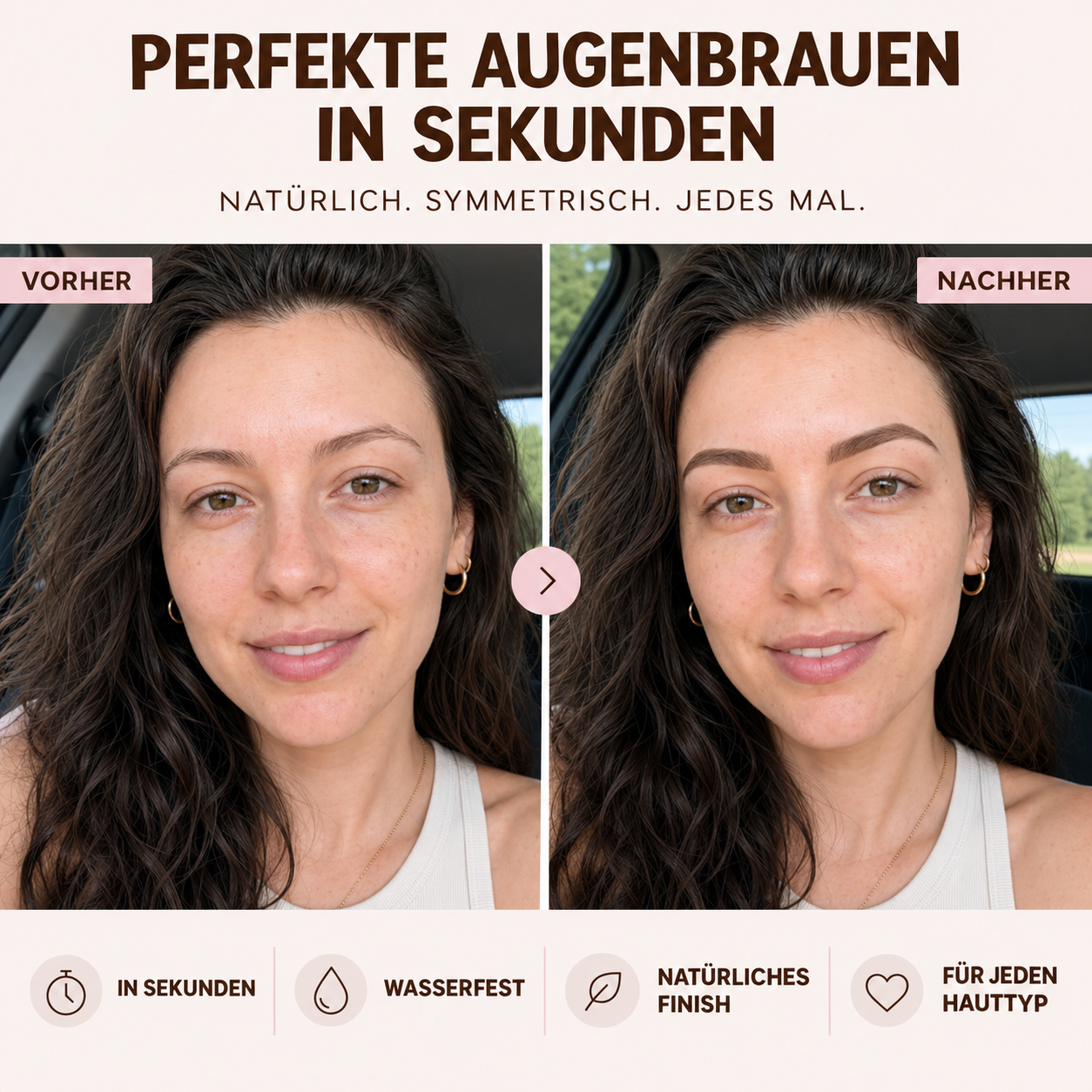 Vorher-Nachher: Augenbrauen ohne und mit COCOSKN STAMPR – in Sekunden, wasserfest, natürliches Finish, für jeden Hauttyp