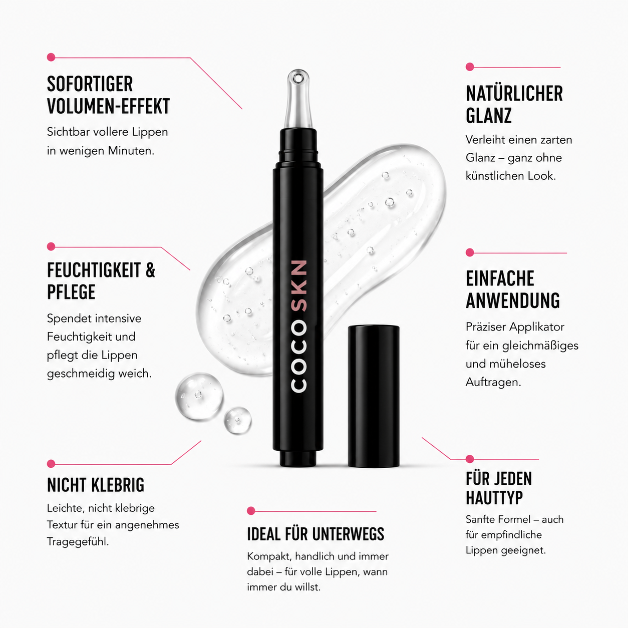 COCOSKN Premium Korean Lip Plumper Produktvorteile: sofortiger Volumen-Effekt, natürlicher Glanz, Feuchtigkeitspflege, einfache Anwendung, nicht klebrig, für jeden Hauttyp