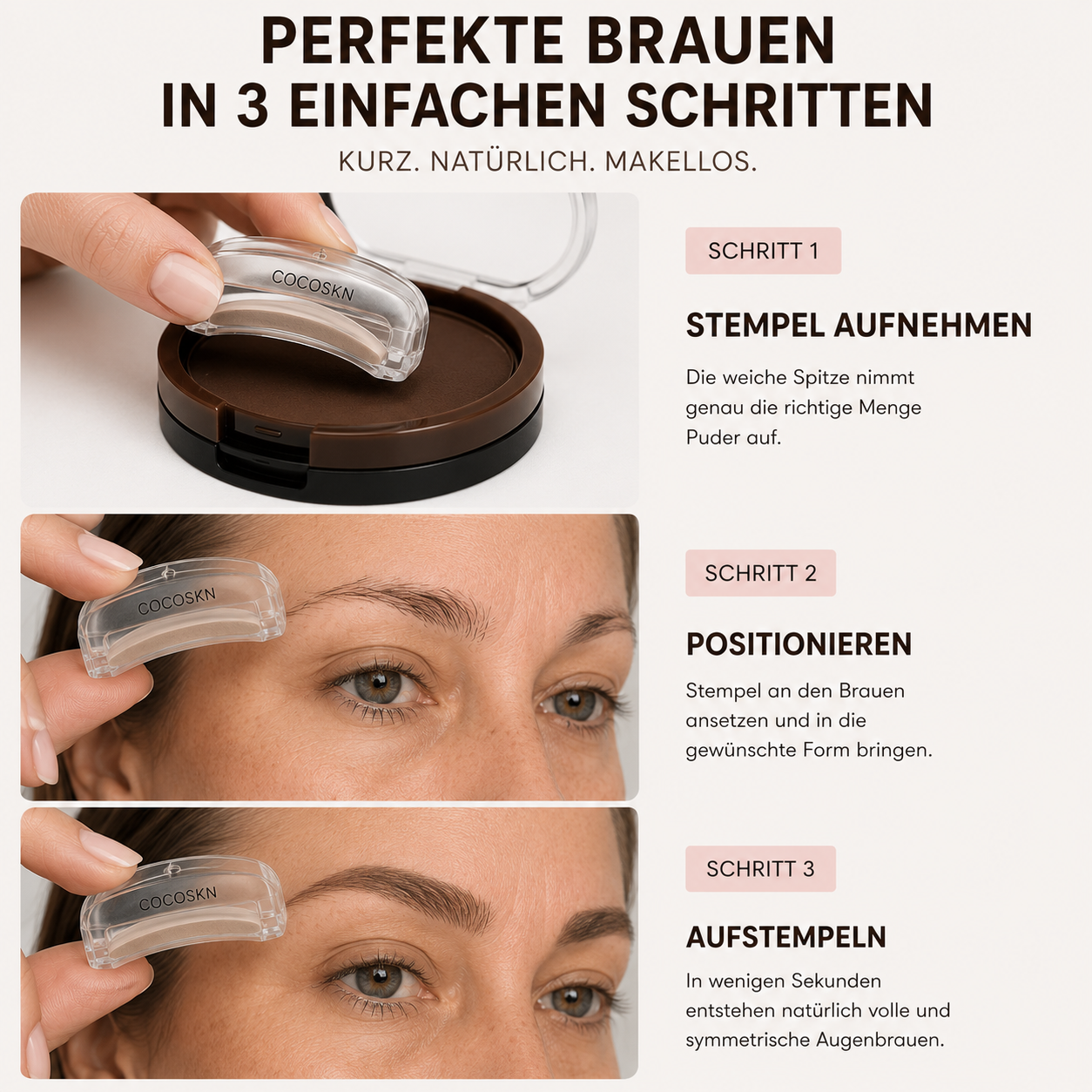 COCOSKN STAMPR Anleitung in 3 Schritten: Stempel aufnehmen, positionieren, aufstempeln