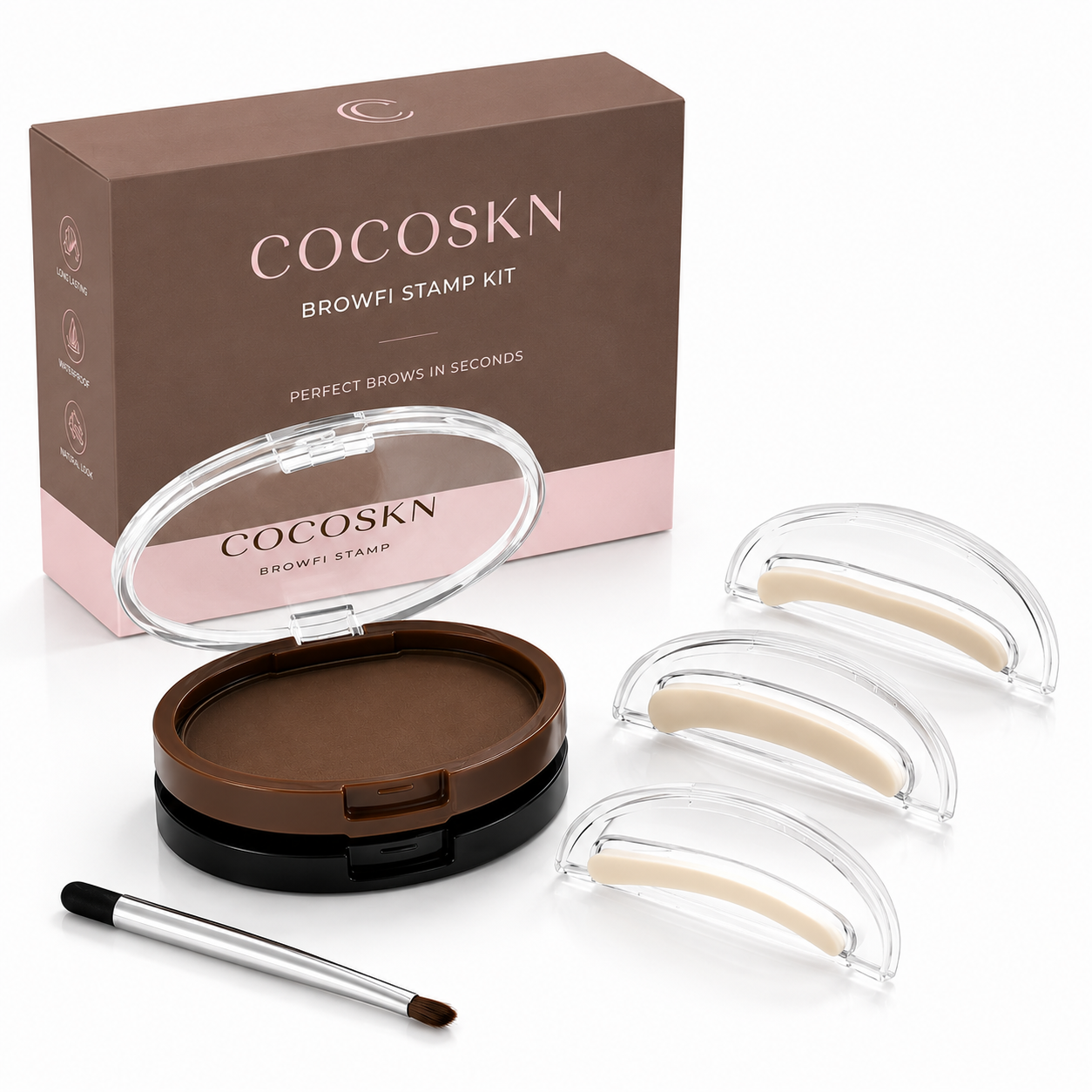 COCOSKN STAMPR Brow Stamp Kit: Verpackung mit drei Stempelformen und Pinsel