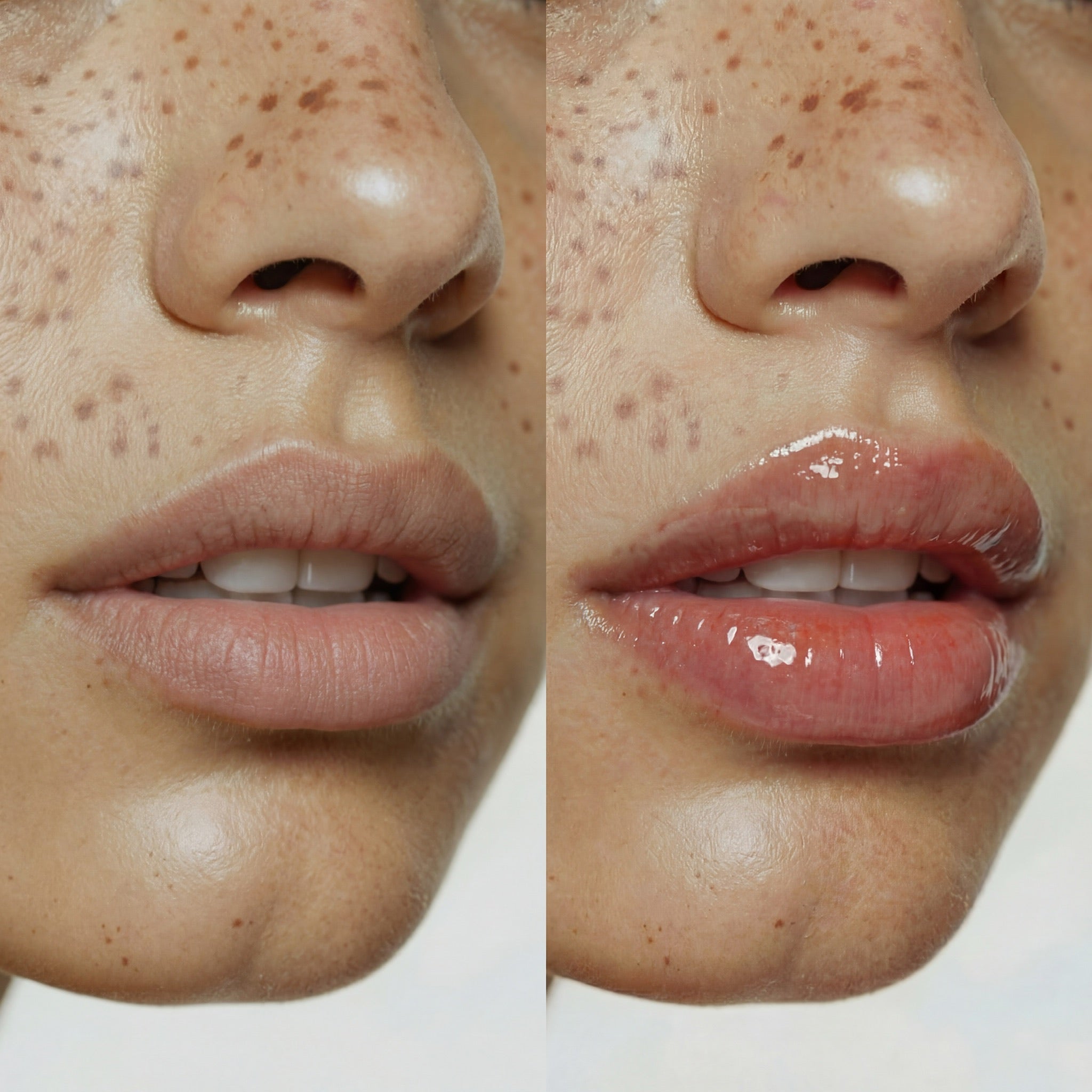 Vorher-Nachher: Lippen ohne und mit COCOSKN Premium Korean Lip Plumper – sichtbar mehr Volumen und Glanz